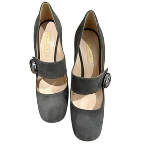 prada mary jane pump button heel charcoal size 37 7 gray new no box